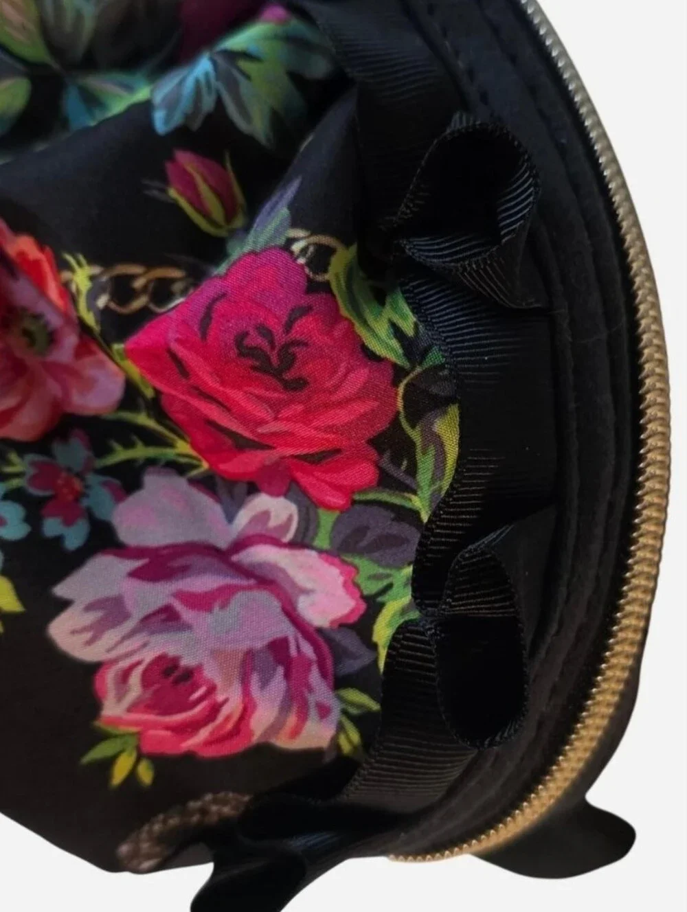 Vintage Betsey Johnson Ruffle Cosmetic Bag Roses, Floral, Chains Bows